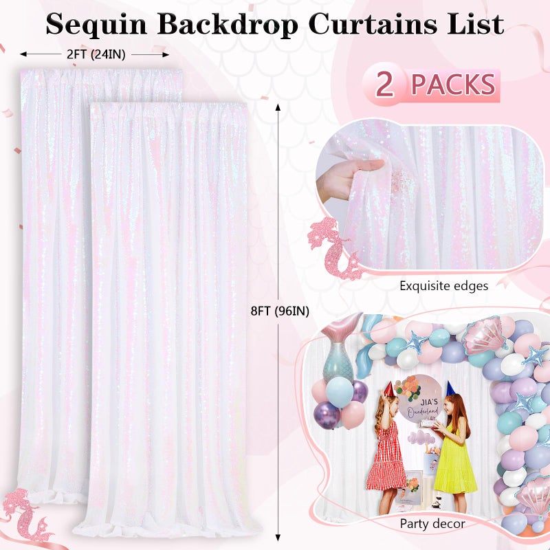 QueenDream White Iridescent Sequin Backdrop 2 Panels 2FTx8FT Unicorn Backdrop Curtains Glitter Party Backdrop for Girls Birthday Decorations - Image 5